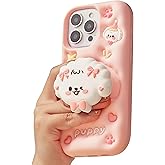 TUFTA Kawaii 3D Dog Phone Case for iPhone 16 Pro Max (with Retractable Phone Stand & Grip) Cute Girly Cartoon Soft Silicone Phone Cover for Girls, Kids, Teens, and Women, Pink