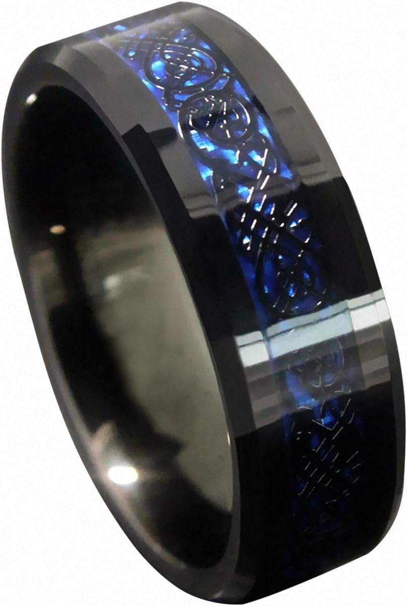 QUEENWISH 8mm Blue Black Silvering Celtic Dragon Tungsten Carbide Ring Wedding Band Mens Jewelry