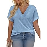 VISLILY Plus-Size-Summer-Tops for Women Casual V Neck T Shirts Trendy Loose Tees Fashion Rolled Short Sleeve Tunics XL-5XL