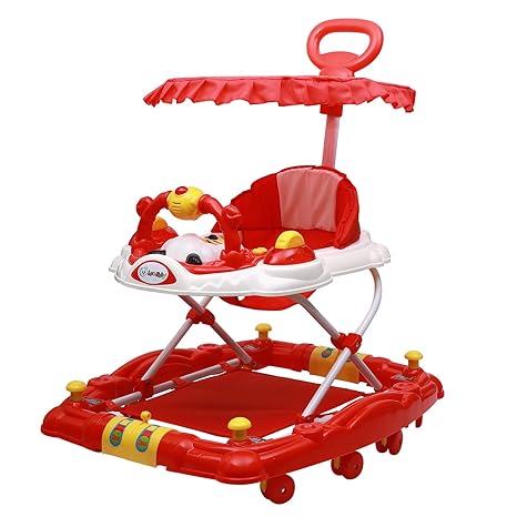 Love Baby Activity Walker for Kids with Canopy Adjustable Height Musical Tray and Light for 6 Months to 4 Years Kids (Red)