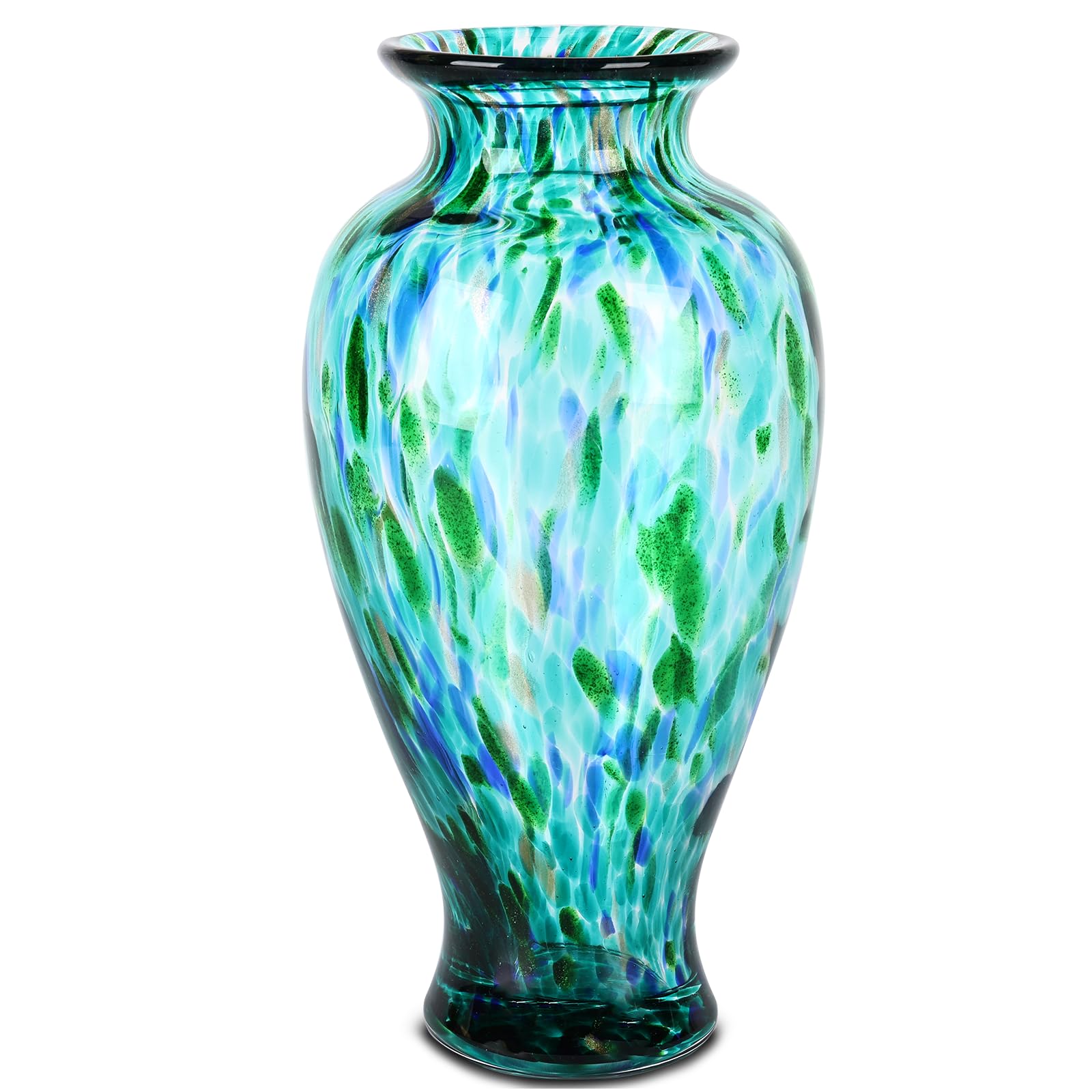 Photo 1 of 11.8" Tall Turquoise Glass Vase Beautiful Hand Blown Glass Vase Modern Art Home Decor, Wide Mouth Colorful Vases for Mantle Dining Table Centerpiece, Entryway Living Room Wedding Decoration