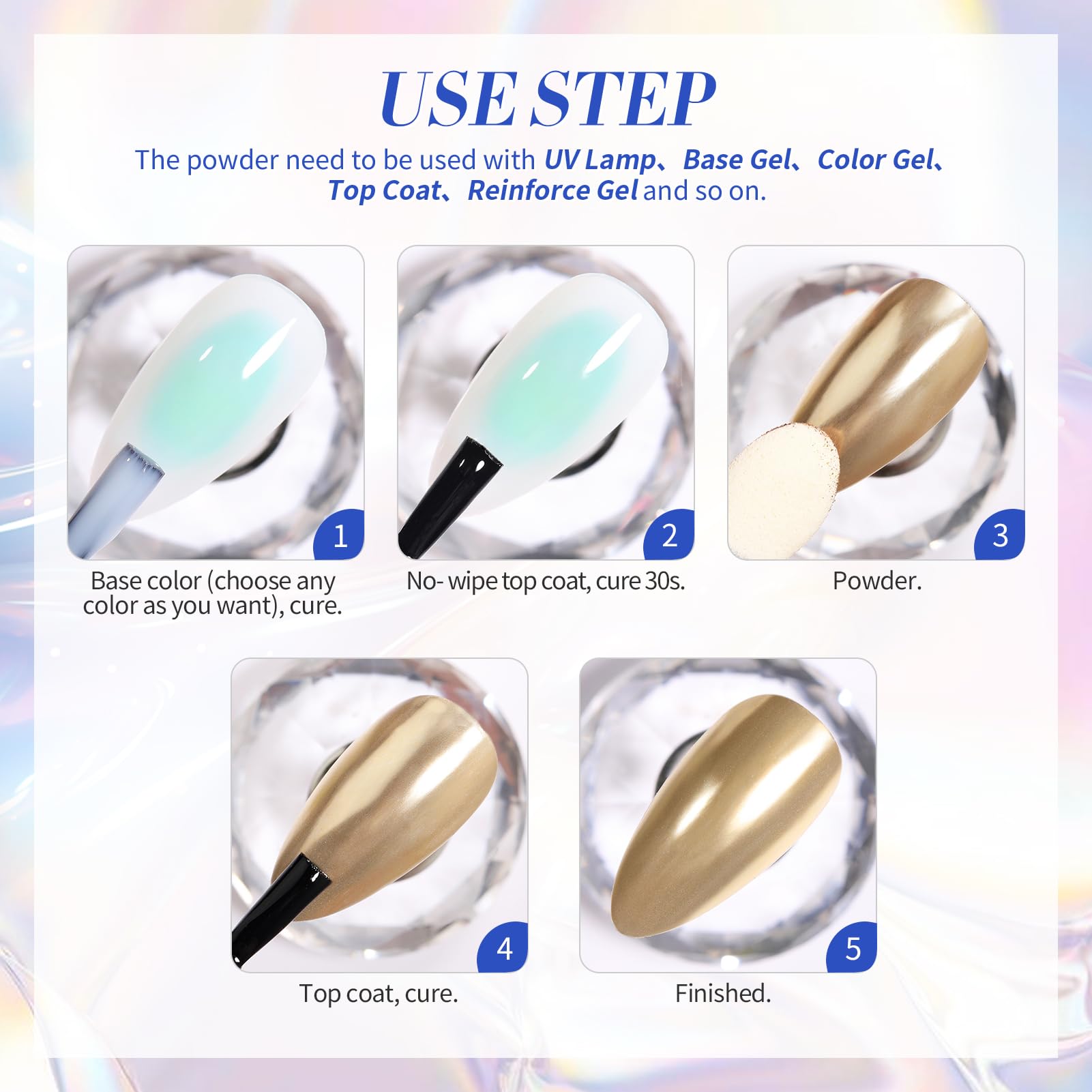 BORN PRETTY Chrome Nail Powder,White Pearl Metallic Mirror Holographic Chrome Powder for Nails,Pearl Glitter Pigment Dust Kit Nail Art Decoration Sets - Image 8