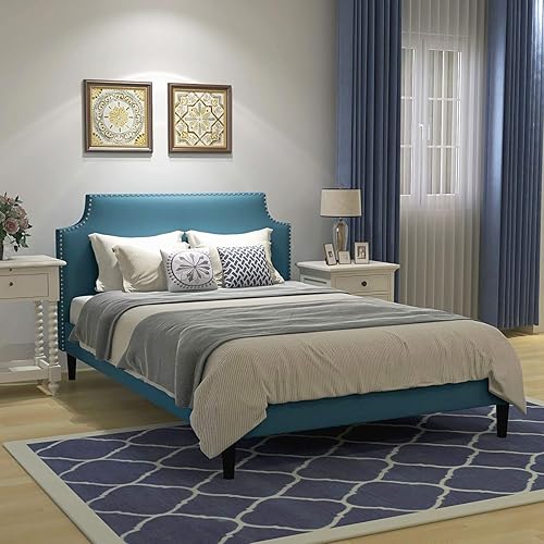 Upholstered Button Tufted Platform Bed with Headboard Strong Wood Slat Support Mattress Foundation Easy Assembly Blue Full