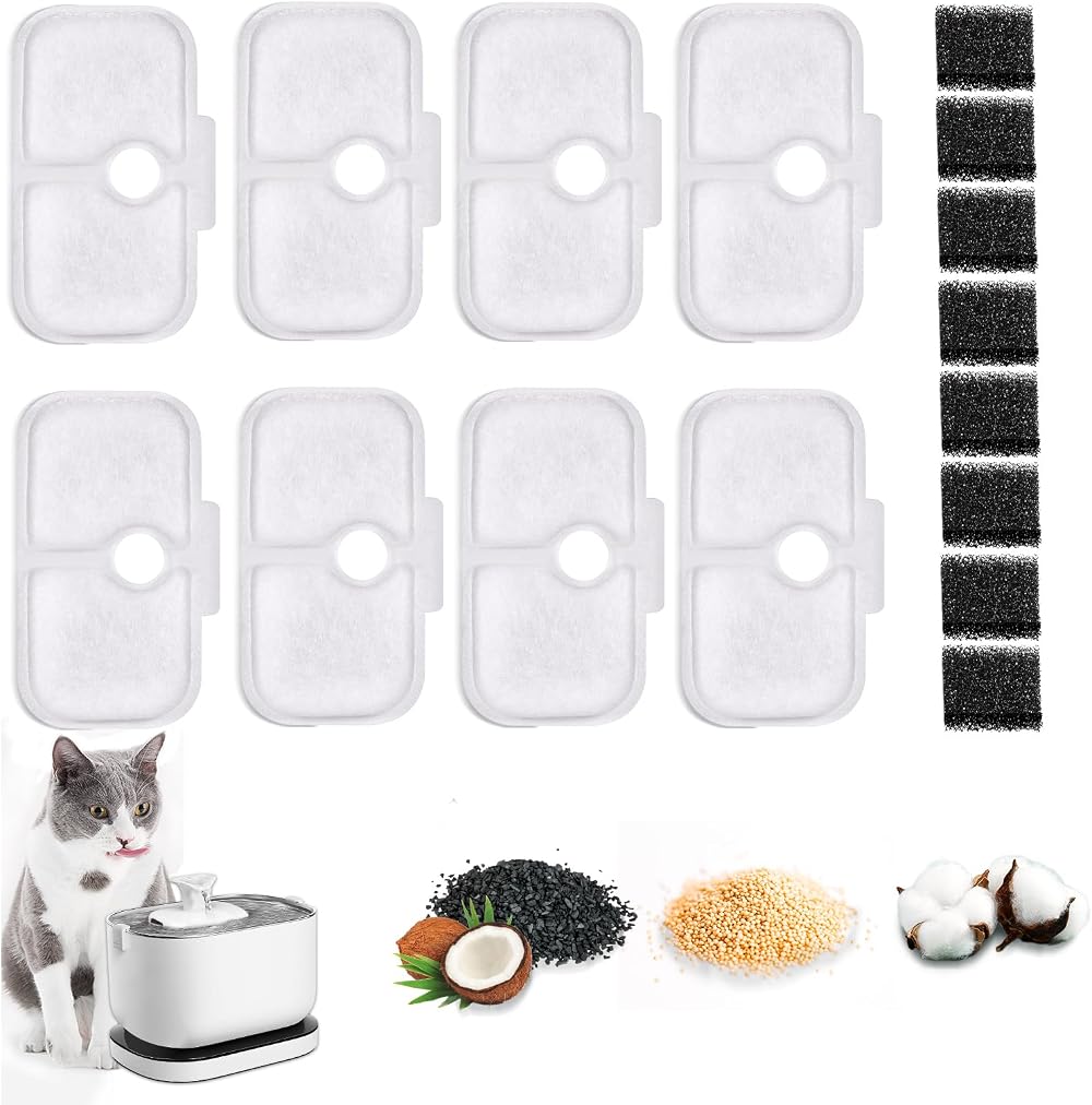 Fentar 16Pcs Cat Water Fountain Filters Set 8 Activated Carbon 8 Foam