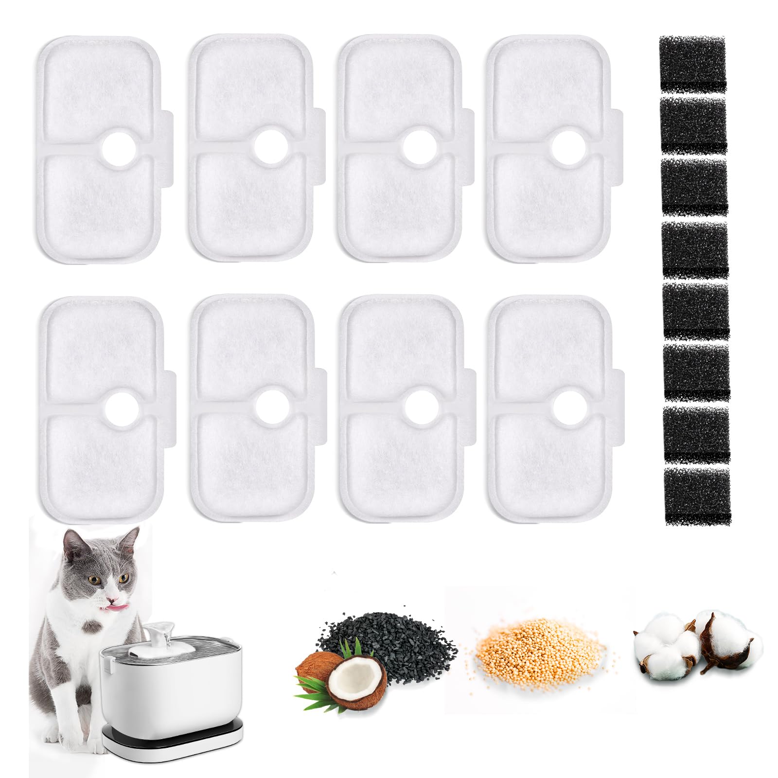 16Pcs Cat Water Fountain Filters, Cat Fountain Filters Set, 8Pcs Activated Carbon Filter and 8Pcs Foam Filtering, Pet Fountains Filter Replacement for Petlibro Water Fountains