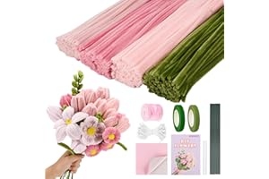Comealltime Pipe Cleaners Craft, 400pcs Pipe Cleaners with Flower Stems, Floral Tape, Ribbon, for Flower Bouquet DIY-Pink