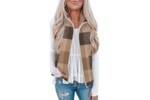 Rapbin Women's Plaid Outerwear Vests Tops Zip Up Collared Sleeveless Jacket with Pockects