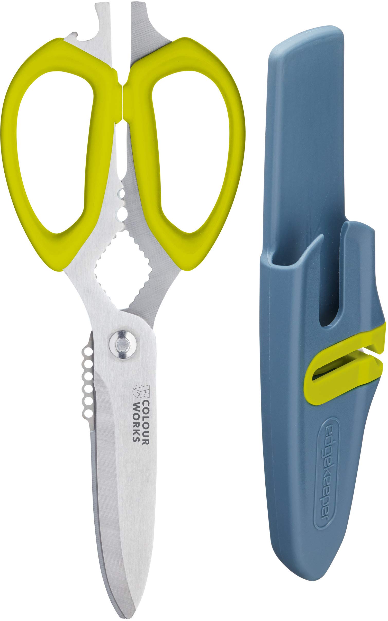 Colourworks 10 in 1 Multifunction Kitchen Scissors with Built-In Edgekeeper Scissor Sharpeners, Bottle Openers, Zester and More, Stainless Steel, Apple, 23 cm