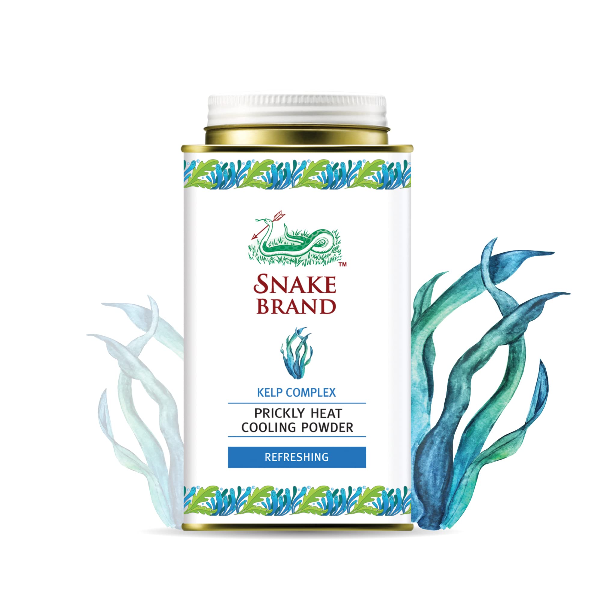 SNAKE BRAND Prickly Heat Cooling Powder for Everyday Use - Anti-Chafing, Heat Rash Relief, Ocean Fresh Kelp Scent (4.9 Oz / 140g)