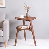 VELOHEIM 2-Tier Round Bamboo Side Table, Mid Century Modern End Table | Solid Grain Accent Table with Storage Shelf, Nightstand for Sofa Side Bedside Table for Living Room Bedroom Office (Walnut)