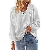 AlvaQ Womens Plus Size Tops Tie Front Long Lantern Sleeve V Neck Floral Applique Blouse Shirt L-4XL