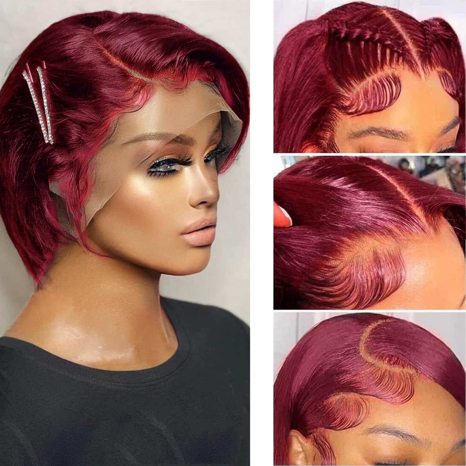 Short Pixie Cut Lace Front Wigs Human Hair, 13x4 Lace Frontal Bob Wigs for Women 180 Density 8 inches Short Straight Wig Natural Black Brazilian Human Hair 99J Burgundy Red Colour