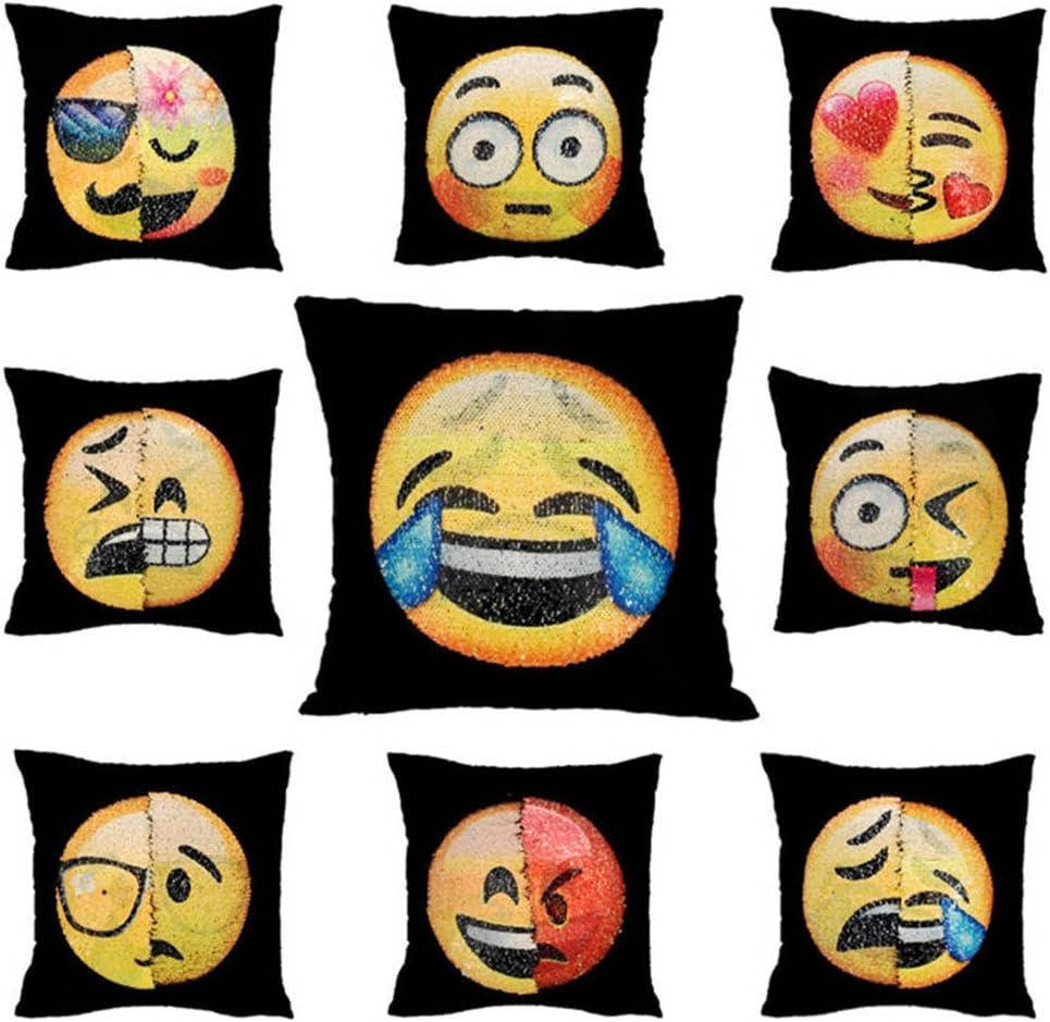 16'' x 16'' Reversible Emoji Sequin Mermaid Pillows Cover Changing Face Cushion Pillow Cases (Happy and Angry)