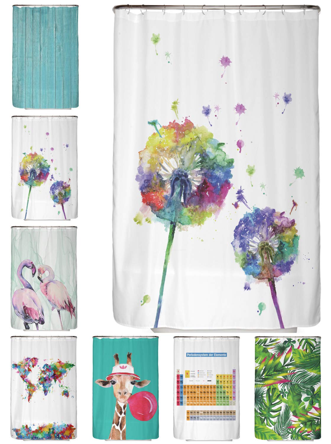 arteneur® - Colourful dandelion - anti-mould shower curtain 120 x 200 cm with Oeko-Tex Standard 100 - recycled - weighted hem, opaque, waterproof, washable, 8 rings — image 1