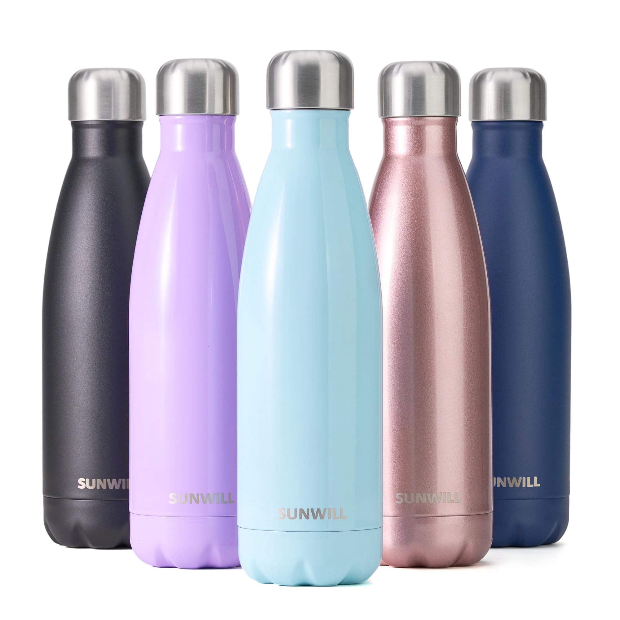 SUNWILL Metal Water Bottle Stainless Steel 500ml, Insulated Reusable Thermal Flask for Cold and Hot Drink, Travel, Sports, Gym, Pearl Blue Gloss Finish