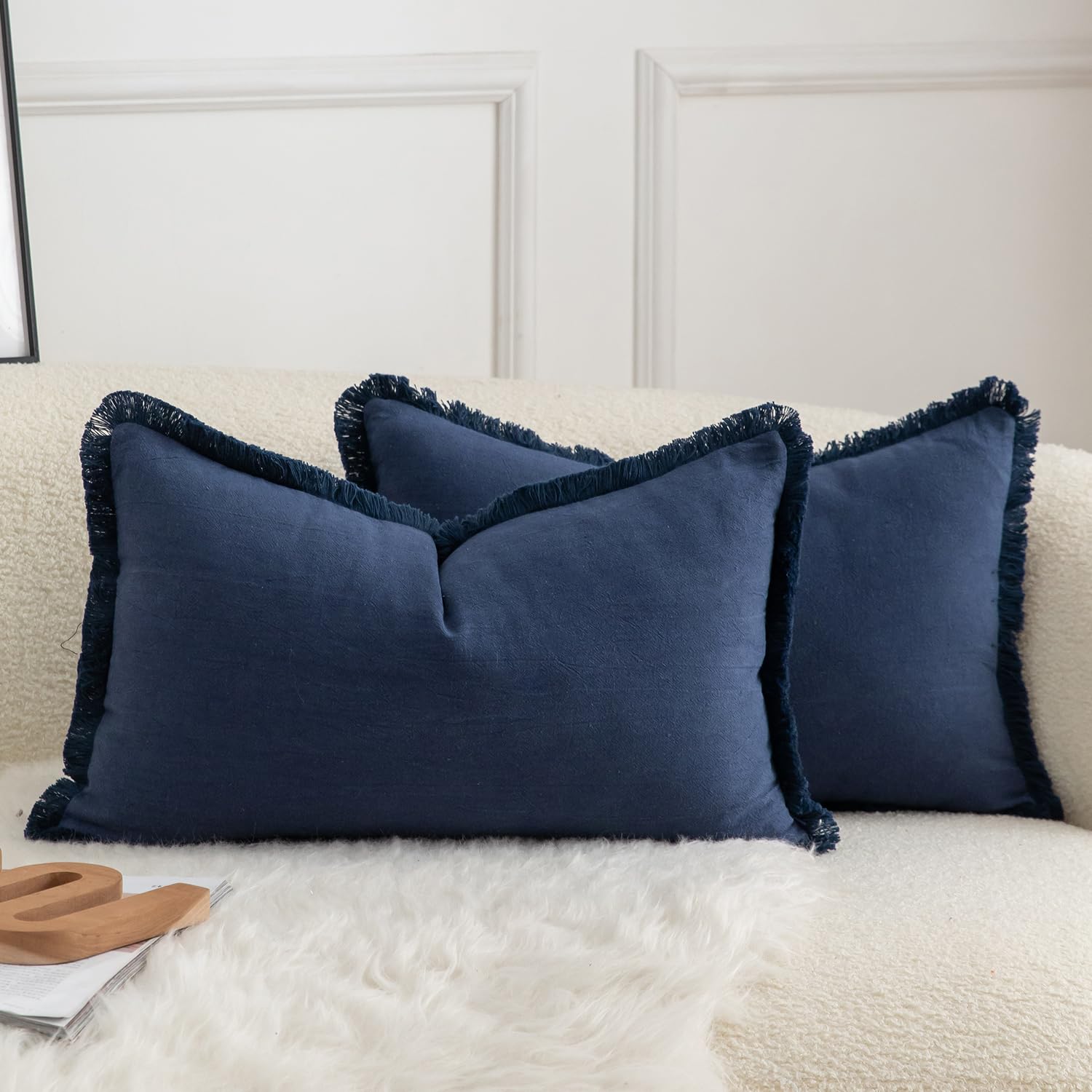 Mandioo Set of 2 Neutral Cotton Fringe Cushion Covers 30x50 cm 12x20 inch Decorative Boho Farmhouse Throw Pillowcase Cozy Tassels for Couch Sofa Bedroom Living Room Home Decor Navy Blue