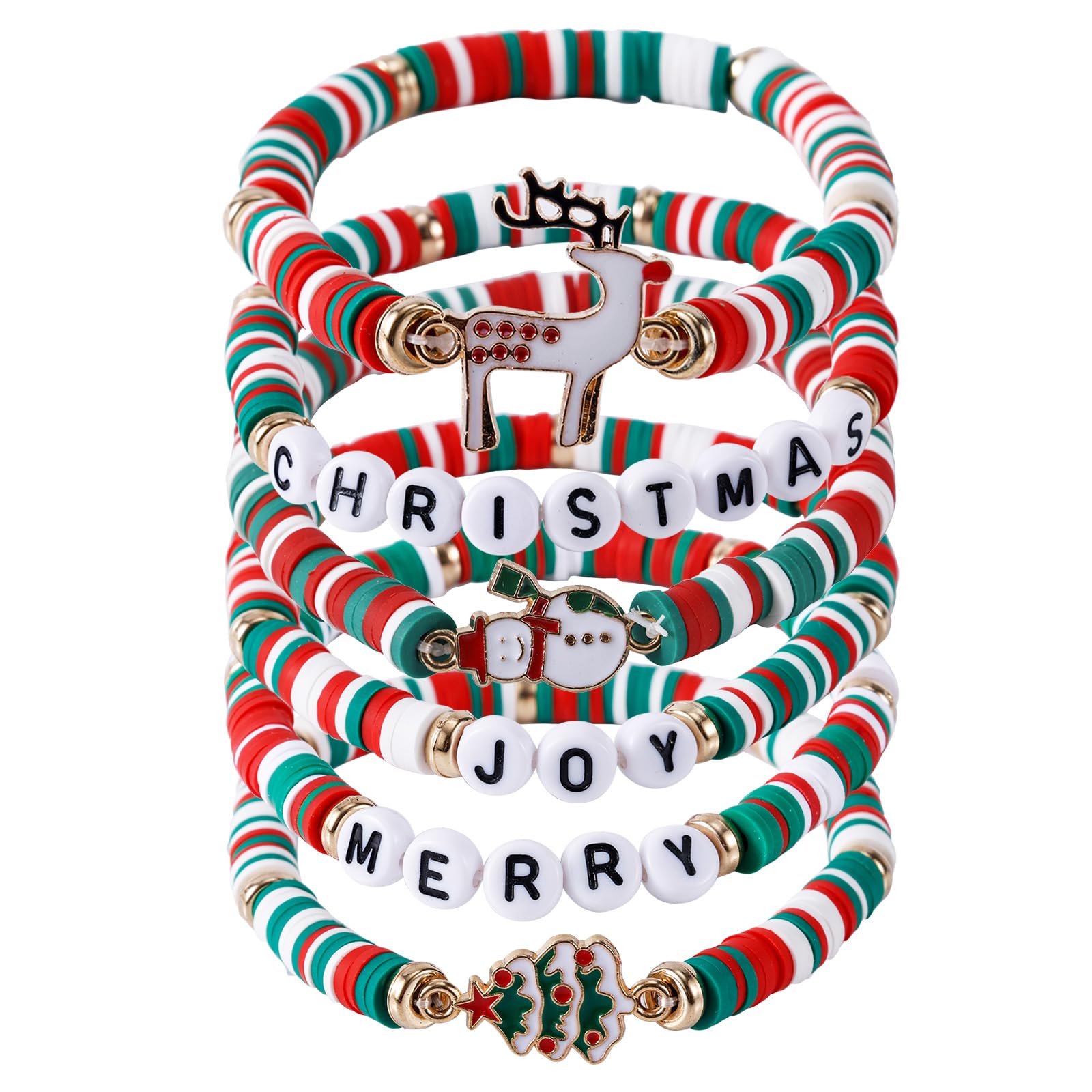 Mikovivi 6pcs Christmas Bracelets, Stackable Xmas Jewelry for Women, Festive Reindeer Snowmen Costume Party Favors