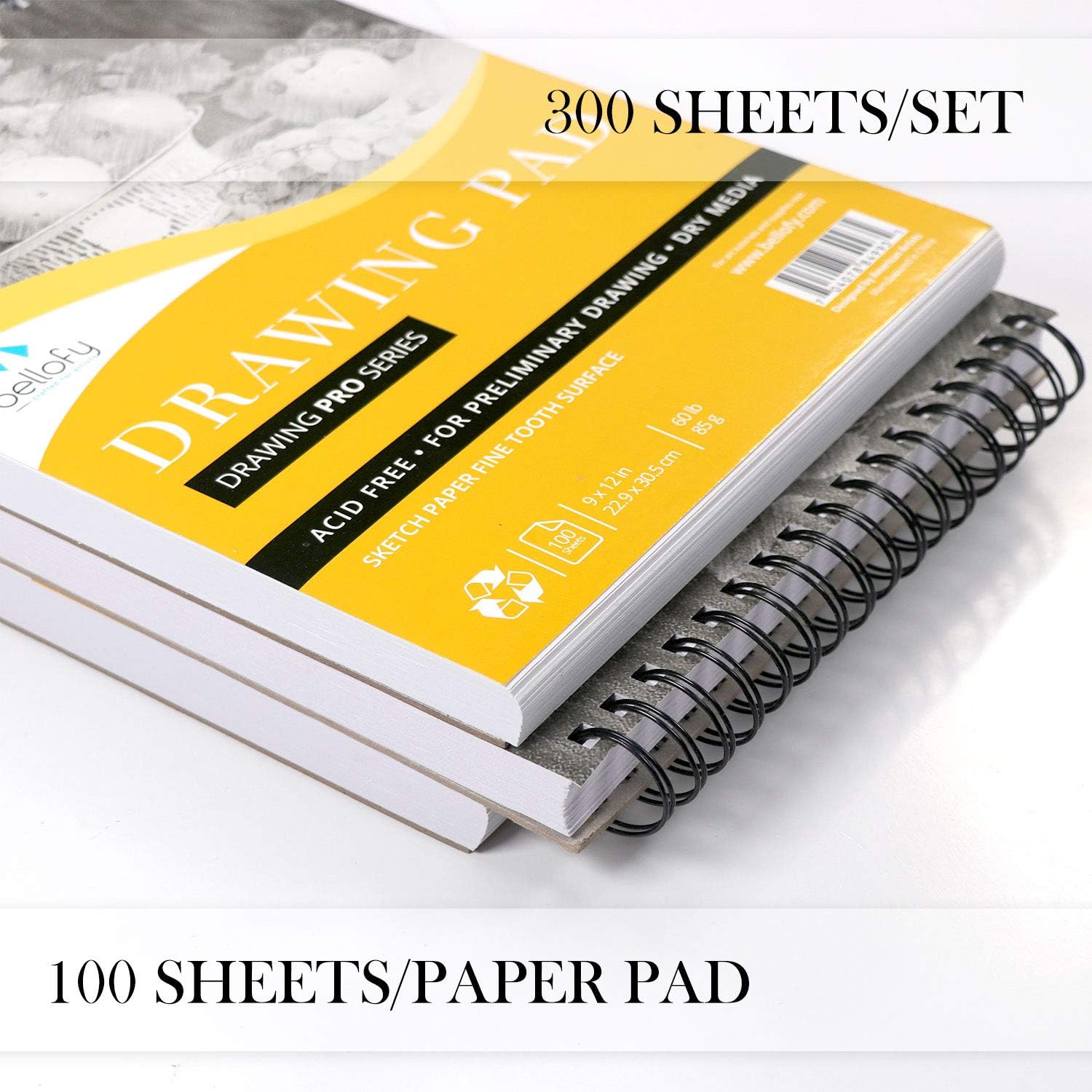 Bellofy 3 x Drawing Paper Pads 9” x 12” | 300 Sheets | 60lbs 85g | Acid Free Sketchbook Paper for Dry Media | Top Spiral Bound Sketchpad for Kids, Beginners, Artists & Professionals: Arts, Crafts & Sewing
