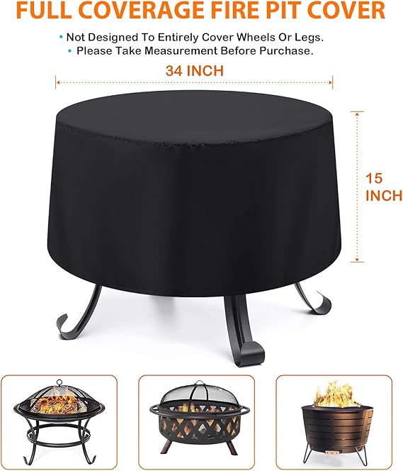 Black Okpow Fire Pit Cover Round 22 Inch 600d Heavy Duty Outdoor Firepit Covers Waterproof Windproof Anti Uv Suitable For 20 Inch 21 Inch 22 Inch Fire Pit Table Patio Lawn Garden Outdoor Heaters Fire
