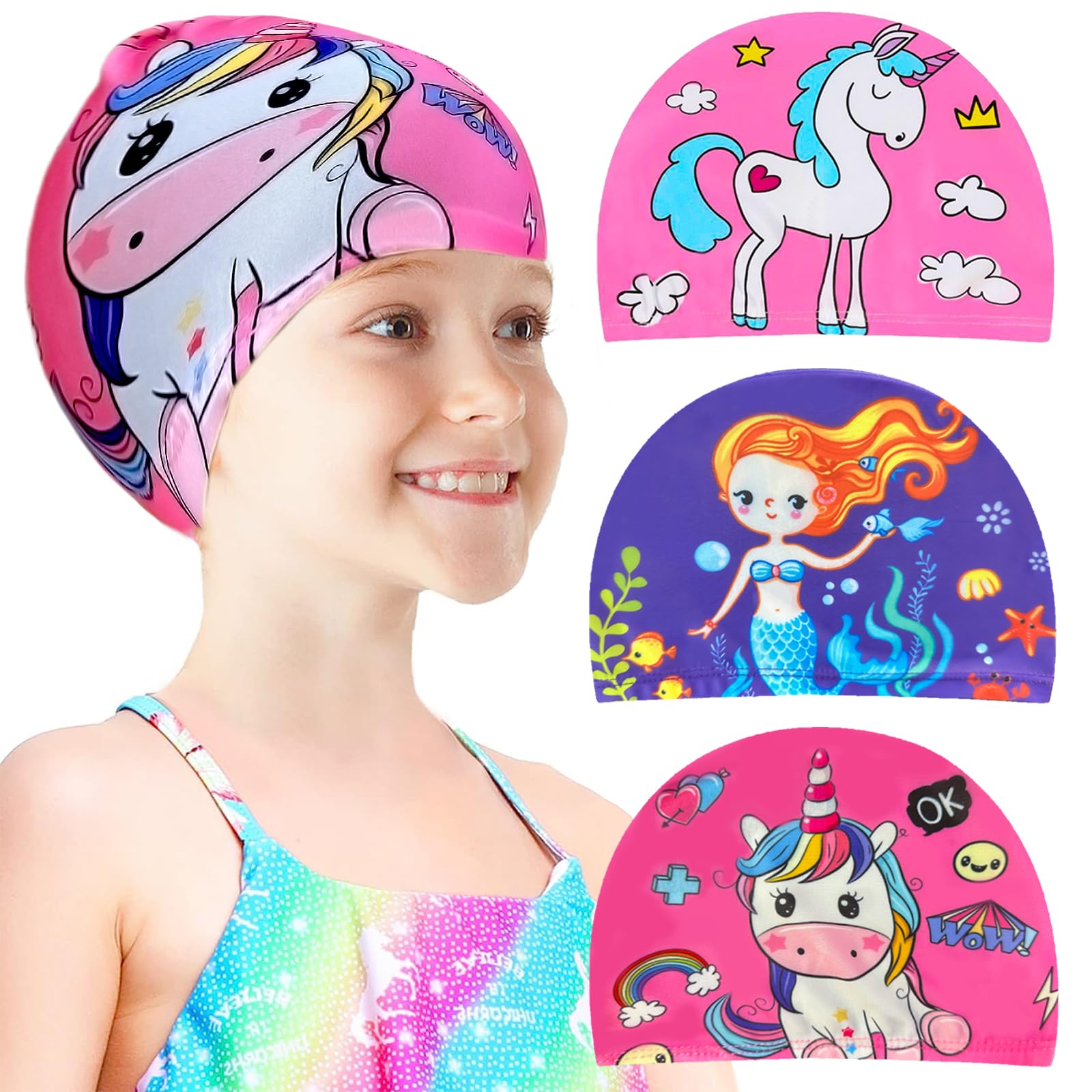 Echehi 3pcs Unicorns and Mermaids Girls Swimming Cap, Polyester Kids Swimming