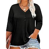 Tankaneo Women Plus Size Tops V Neck 3/4 Sleeve Casual T Shirts Loose Basic Tunic Tees