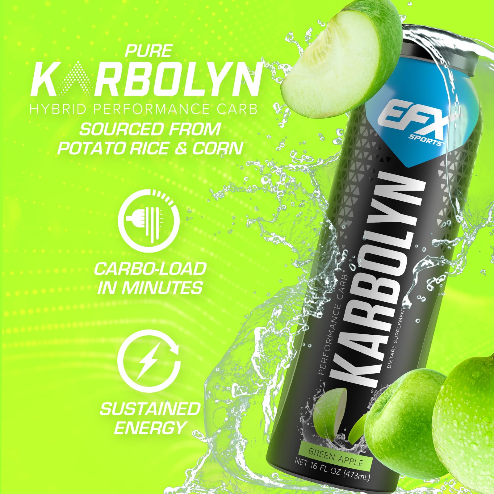 EFX Sports Karbolyn Fuel Drink | Pre, Intra, Post Workout Carbohydrate Drink | Carb Load, Sustained Energy | Stimulant & Sugar Free | 12 Pack (Green Apple)