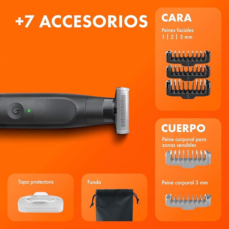 Aparador de barba Fusion One e Barbeador de Corpo, Barbeiro Tudo-Em-Um Para Rosto e Corpo, Cabeça Pivotante, 4 Pentes, Caixa, Impermeável, Sem Fios, 45 Min de Utilização