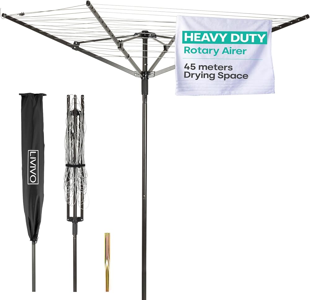 LIVIVO 4 Arm Rotary Washing Line 45M Outdoor Clothes Dryer with Cover