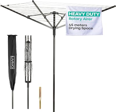 LIVIVO 4 Arm Rotary Washing Line 45M Outdoor Clothes Dryer with Cover