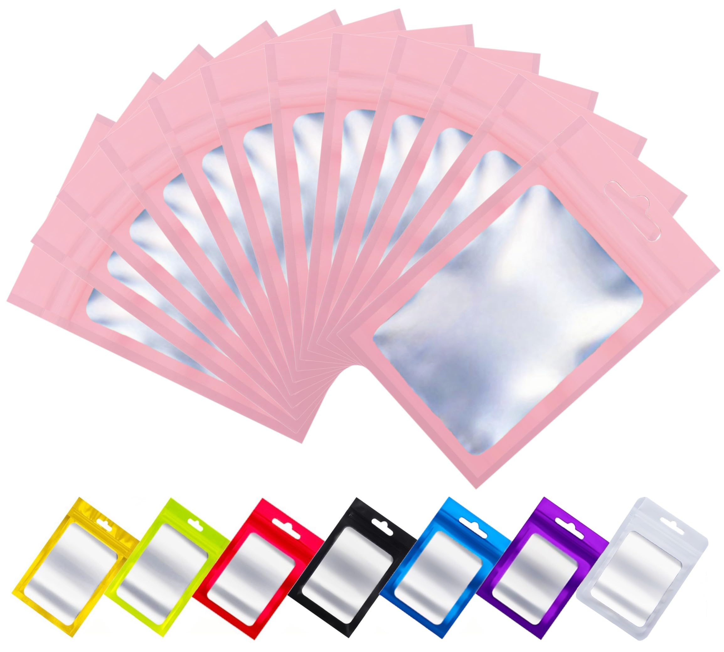 Rimiko 100pcs Ziplock Mylar Bags with Clear Window, Aluminum Foil Sample Bags, Resealable Pouch for Packaging and Food Storage (Pink, 3.5"x6.3")