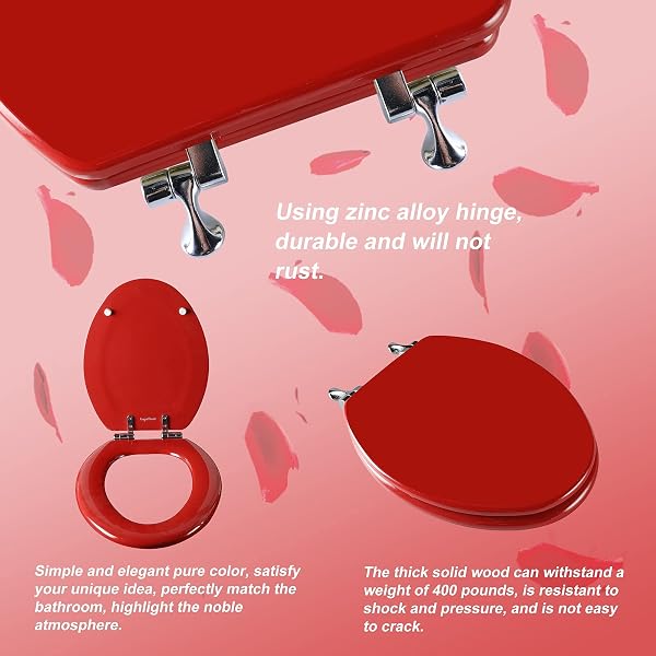 RED ELONGATED TOILET SEAT NATURAL WOOD TOILET SEAT WITH ZINC ALLOY HINGES, EASY TO INSTALL ALSO EASY TO CLEAN, SCRATCH RESISTANT TOILET SEAT BY ANGOL SHIOLD (ELONGATED, RED)
