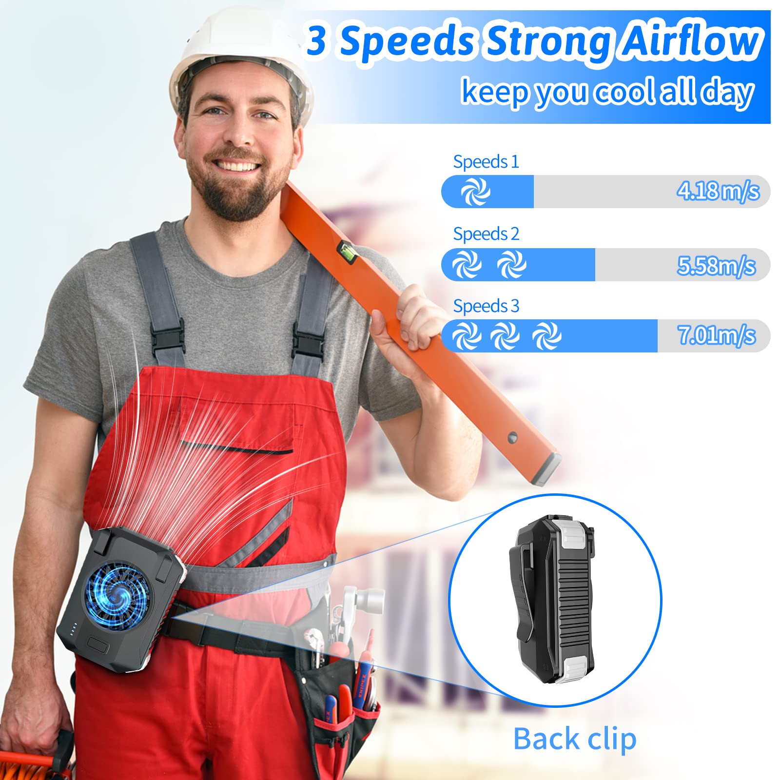 10000mAh Portable Waist Fan with Charger & Flashlight - 3-Speed Strong Airflow, Shirt Fan Clip-On Belt for Outdoor Work, Construction, Hiking, Cooling (Black)
