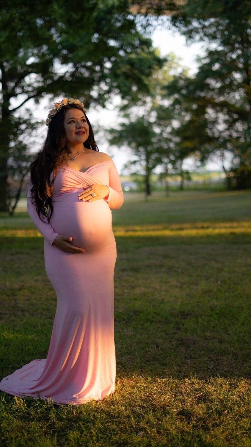 Saslax Maternity Elegant Fitted Maternity Gown Long Sleeve Slim Fit Maxi Photography Dress at  Women’s Clothing store