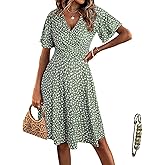 Yazinie Womens Sundress Wrap V Neck Short Sleeve 2026 Summer Casual Floral High Waist A Line Midi Dress