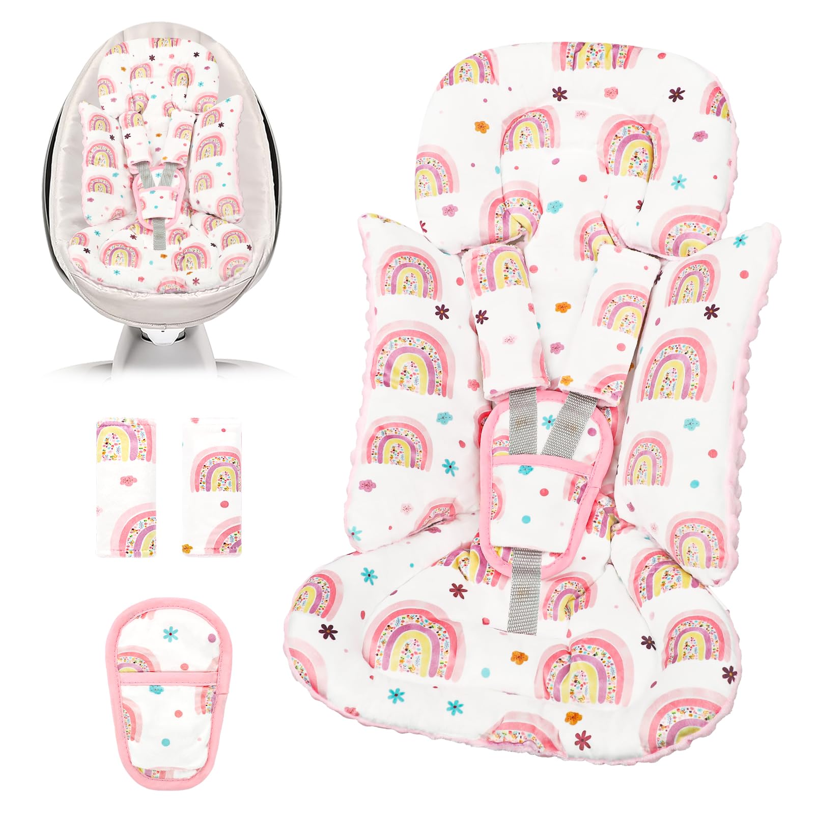 Photo 1 of Infant Car Seat Insert with 3 Strap Covers, 3 in 1 Reversible Rainbow Baby Car Seat Head Support for Newborn, Baby Girl Newborn Essentials for Preemie to Infant, Stroller, Swing, Bouncer (Pink)
