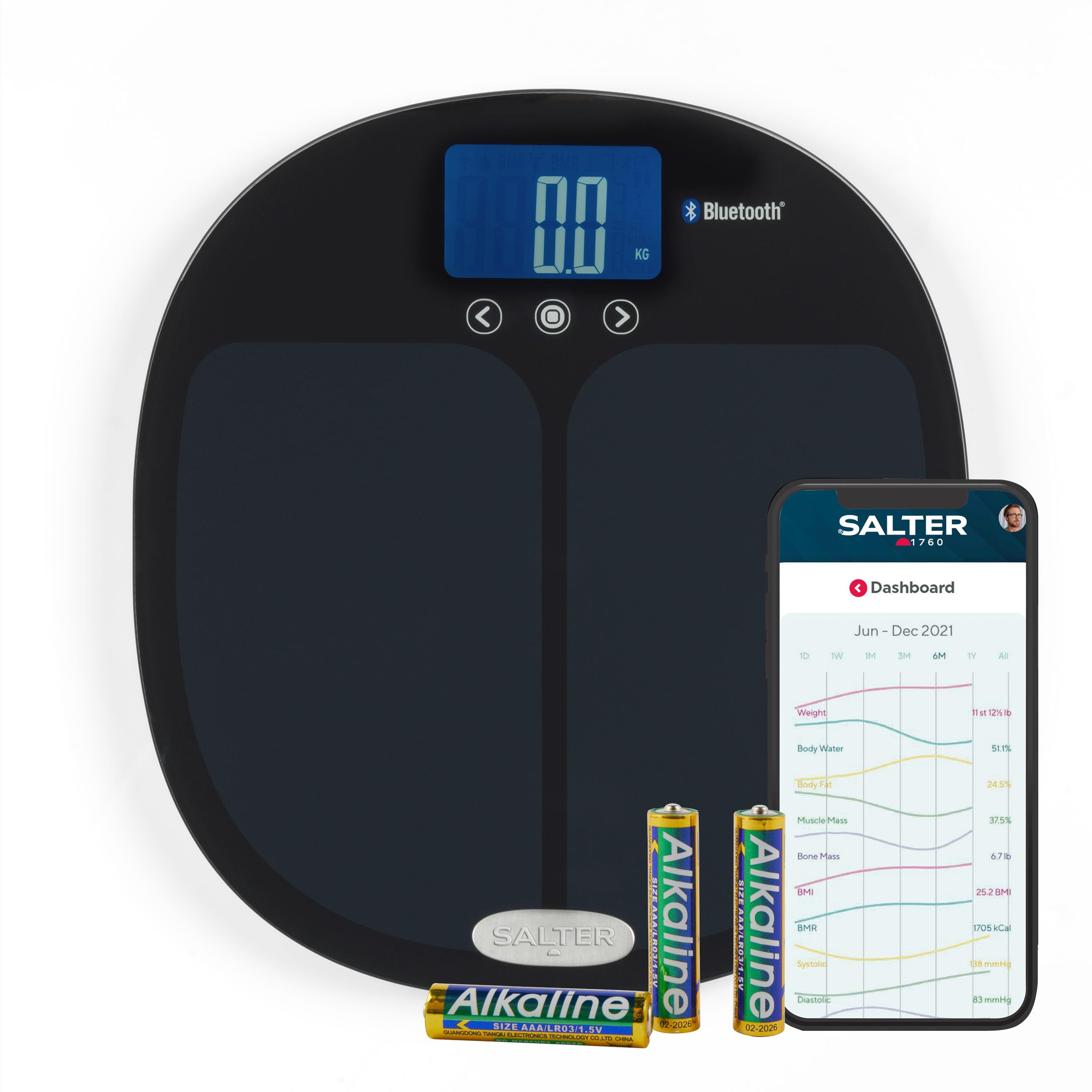 Salter Bluetooth Analyser Scale – Digital Bathroom Scale, Personal Body Weight Scale, Measure Weight, Fat, Water, Muscle Mass, Bone Mass, BMI and BMR, Bluetooth/App Connectivity, 8-User, 9192 BK3R