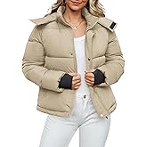 Funlingo Women's Cropped Puffer Jacket with Removable Hood Winter Zip Up Snap Button Warm Trendy Quilted Coat