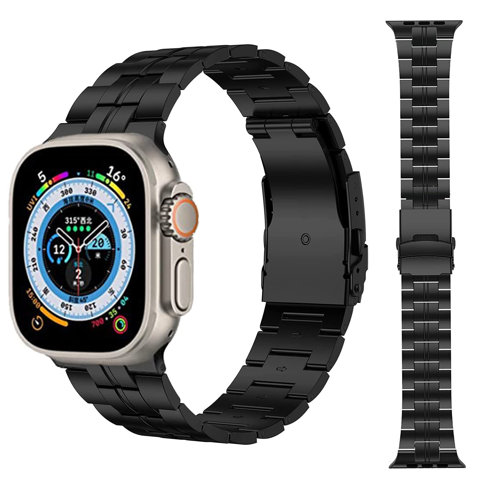 Miimall Titanium Strap for Apple Watch Ultra 2/Ultra 49mm, Series 10 46mm, Series 9/8/7 45mm, Series SE/6/5/4 44mm, Series 3/2/1 42mm, Titanium Metal Adjustable Link Band Replacement Wristband, Black