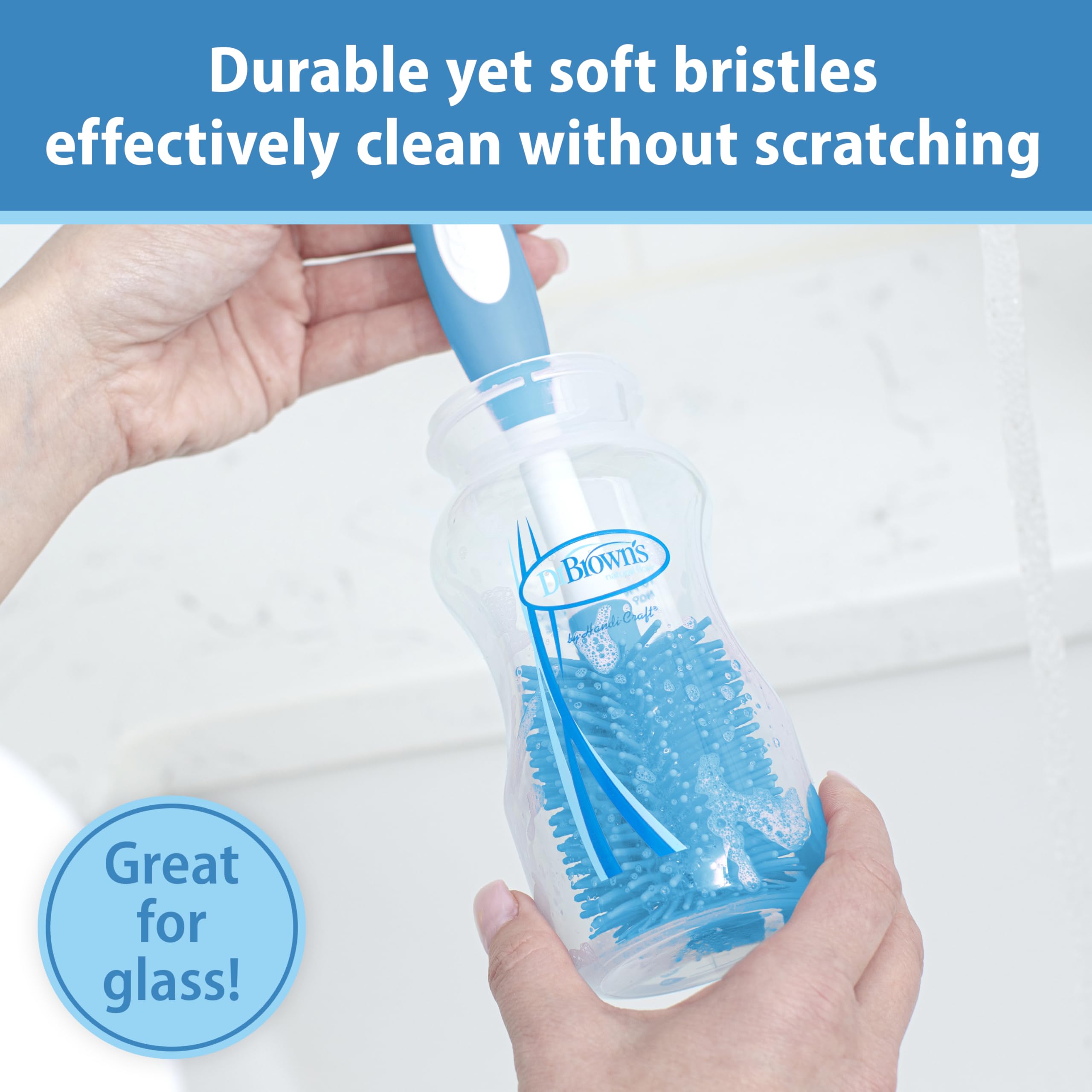 Dr. Brown's Soft Touch No Scratch Baby Bottle Cleaning Brush Nipple Cleaner with Stand and Storage Clip, BPA Free, Blue 1-Pack