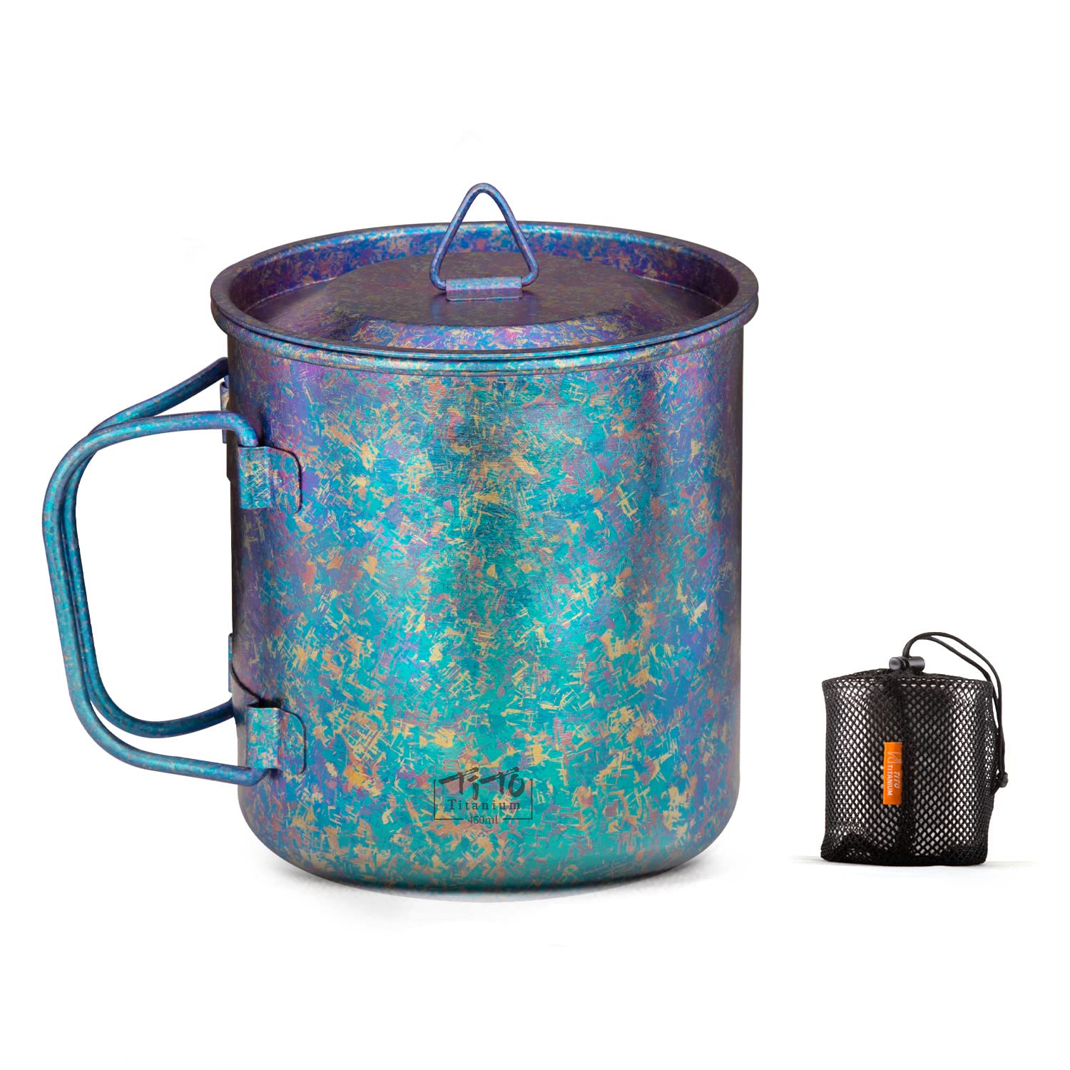 TiTo Titanium Cup Camping Tea Coffee Water Mug Ultralight Portable Cookware 450ml Foldable Handle Titanium Pot with Lid for Outdoor Backpacking Hiking Picnic Drinkware Open Fire (Bright Blue)
