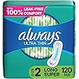 Always Ultra Thin, Feminine Pads For Women, Size 2 Long Super Absorbency, Multipack, Without Wings, Unscented, 40 Count x 3 Pack (120 Count total)