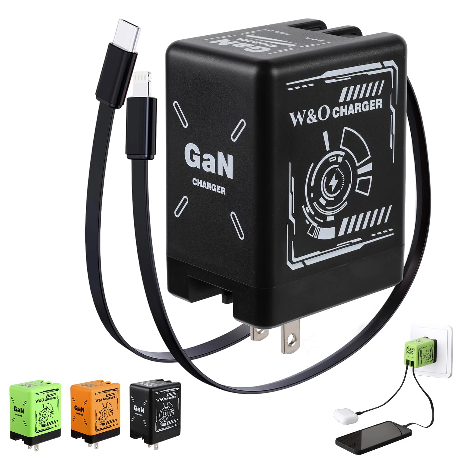 W&O 2-in-1 GaN Compatible with Fast Charger, GaN Charger Fast Charging, Retractable Phone Chargers Wall Plug with Lightning and Type-C Cables, Foldable Chargers for iPhone&Most Android, Black