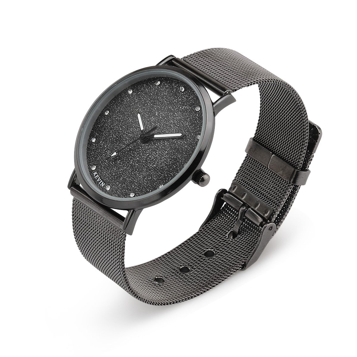 LONGQI Rhinestone Couple Mesh Watch Starry Dial Round Case Sparkling Wristwatch Holiday Gift (Men)