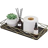 Lixple Toilet Paper Basket Holder, 13" Bathroom Tray Countertop, Wood and Metal Toilet Tank Tray Bathroom Vanity Organizer for Toiletry, Kitchen Sink Organizer for Soap Dispenser (Black + Gold)