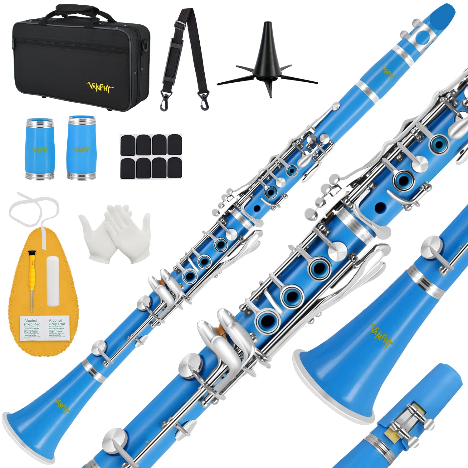 Photo 1 of Bb Clarinet For Beginners Students B Flat Clarinet 17 Keys Clarinets with Case Stand Strap 2 Barrels 8 Mouthpiece Cushion White Gloves Cleaning Kit(Blue)