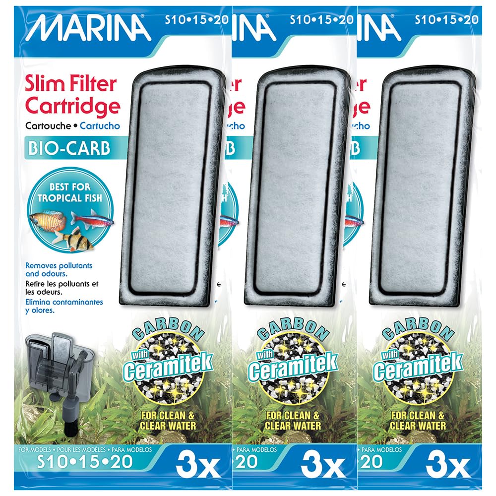 Marina Bio-Carb Slim Filter Cartridge, 3 x 3 Pack, Carbon with ceramitek pad for S10, S15, and S20 Tropical Fish Tank Filters