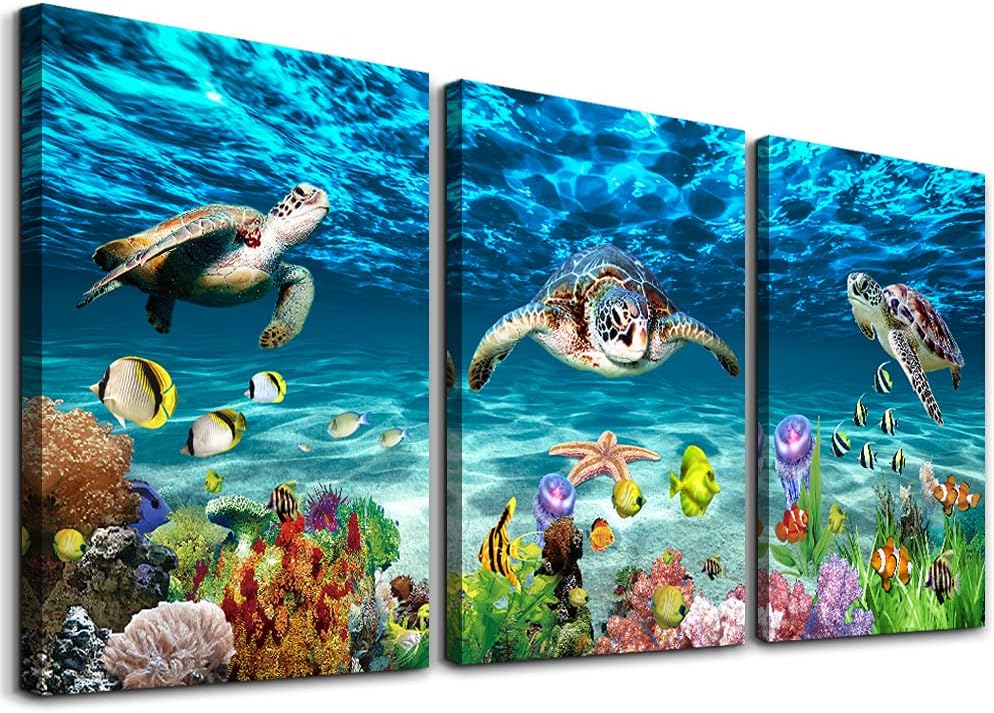 Wall Décor - AHUASJART Canvas Wall Art for Living Room family Wall decor for Bedroom Bathroom Wall Decoration blue Ocean Sea Turtle Paintings Modern shark Pictures Artwork office Ready to Hang 12