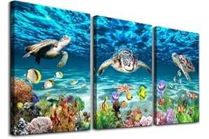 AHUASJART Canvas Wall Art for Living Room family Wall decor for Bedroom Bathroom Wall Decoration blue Ocean Sea Turtle Paintings Modern shark Pictures Artwork office Ready to Hang 12" x 16" 3 Piece