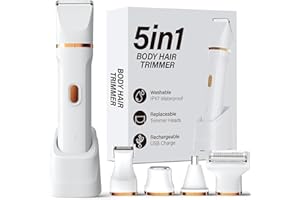 KINGTEE 5-in-1 Electric Bikini Trimmer for Women – IPX7 Waterproof Shaver, Cordless Body & Facial Razors for Women, Ceramic Blades, USB-C Rechargeable, Painless Hair Removal Kit (White)