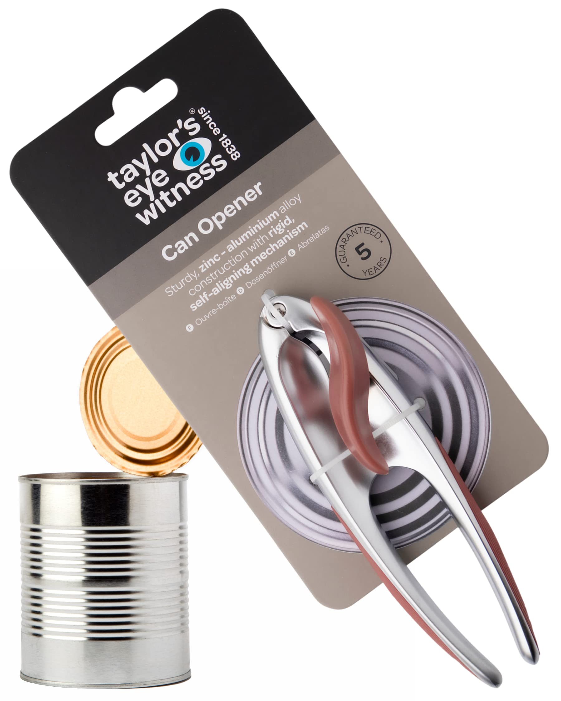 Premium 2-in-1 Manual Can Opener - Taylors Eye Witness, Easy to Use Tin Opener, Kitchen Gadget Made with Built-in Bottle Opener, Sturdy Zinc Aluminum Construction with Silver & Baked Clay Colouring